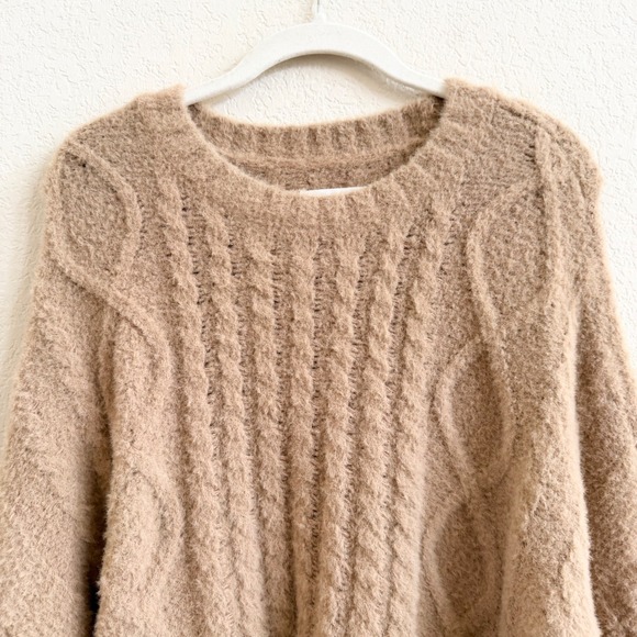 Aerie Tan Cable Knit Cropped Oversized Sweater Soft Fuzzy Sz L Cozy Loungewear - Picture 6 of 10